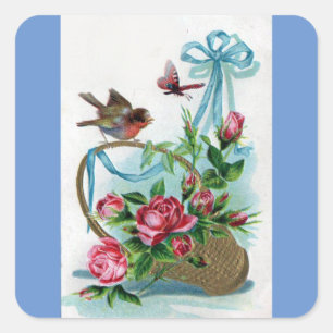 Vintage Bird And Flowers Square Sticker