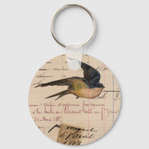 Vintage Bird and Ledger Paper Digital Art Key Ring
