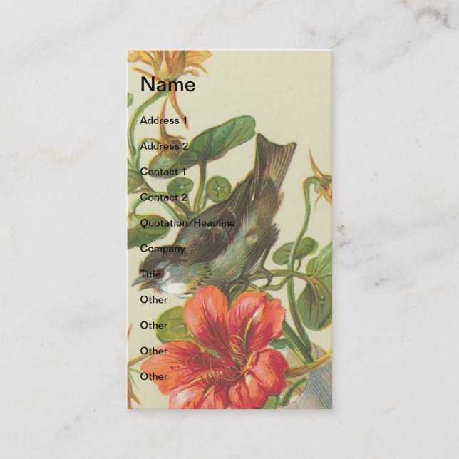Vintage Bird and Nasturium Flowers Business Card (Front)