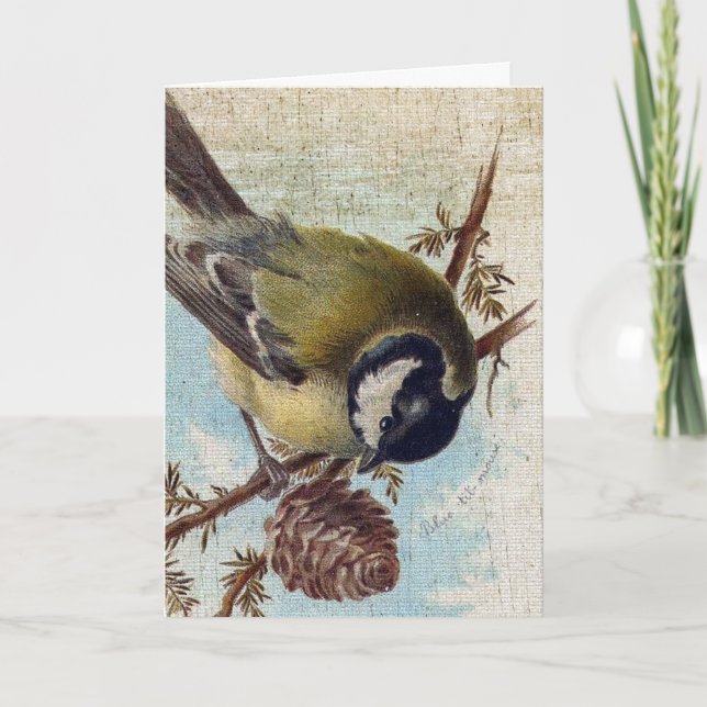 Vintage Bird and Pinecone Birthday Card (Front)