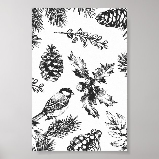 Vintage Bird and Pinecone Pattern Christmas Poster (Front)