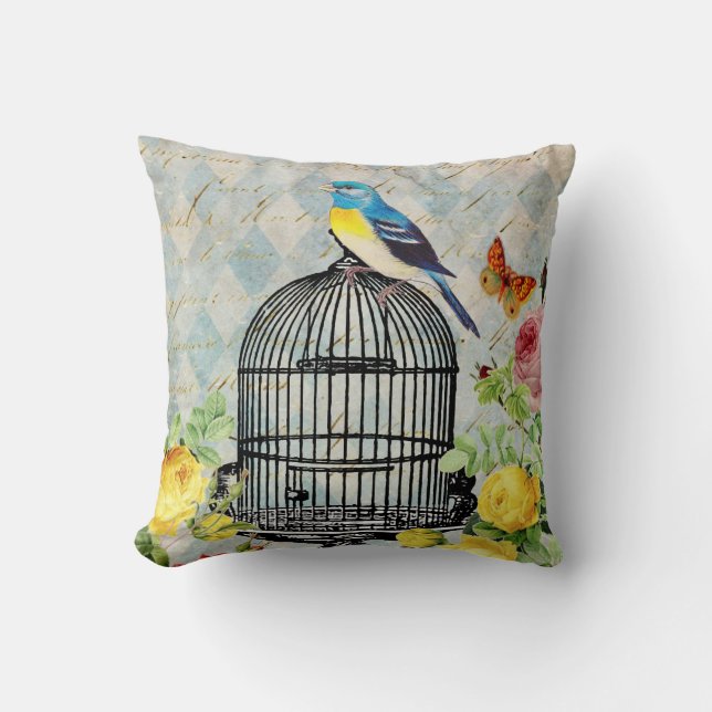 Vintage Bird and Roses Throw Pillow (Front)