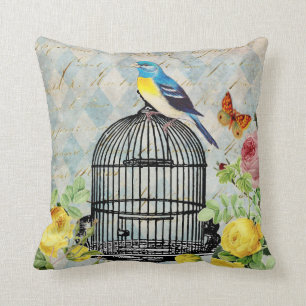 Vintage Bird and Roses Throw Pillow