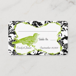 Vintage Bird Apple Green & Black Damask Place Card