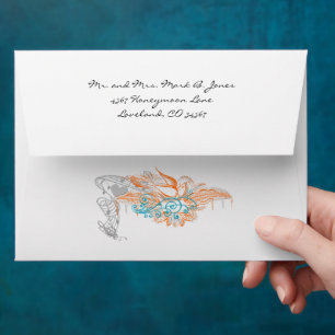 Vintage Bird  Aqua & Coral Wedding Envelope Roses