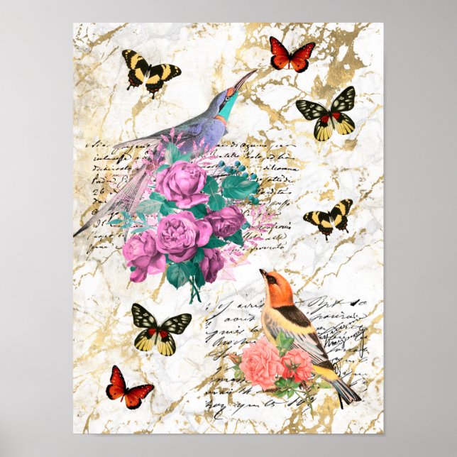 Vintage Bird Art, Flowers, Butterflies, Letters Poster (Front)