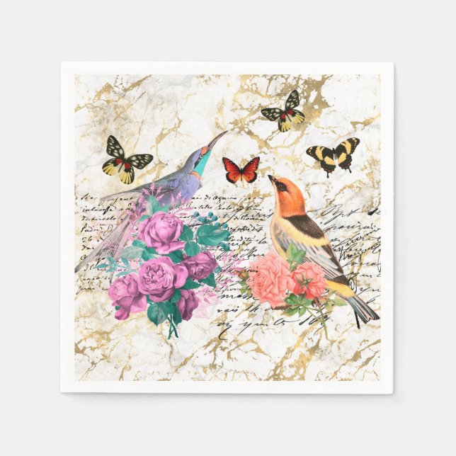 Vintage Bird Art, Flowers Old Letters Decoupage Napkin (Front)