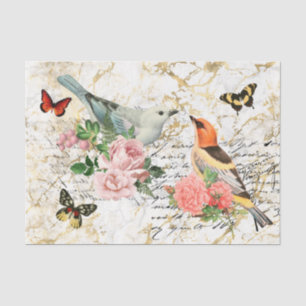 Vintage Bird Art, Flowers Old Letters Decoupage Tissue Paper