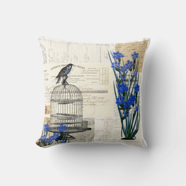 Vintage Bird Birdcage Blue Flowers French Pillow (Front)