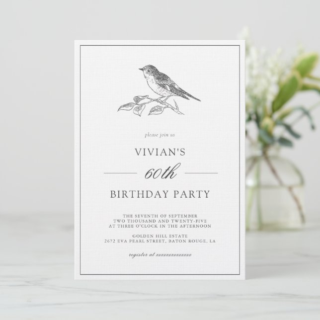 Vintage Bird Black And White 60th Birthday Invitation (Standing Front)