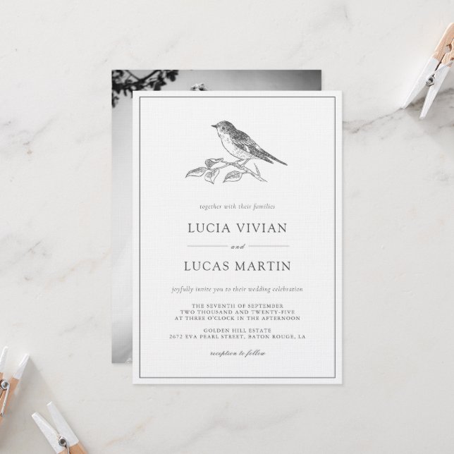 Vintage Bird Black And White Photo Wedding Invitation (Front/Back In Situ)