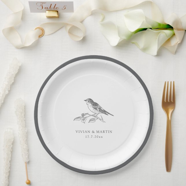 Vintage Bird Black And White Wedding Paper Plate (Wedding)