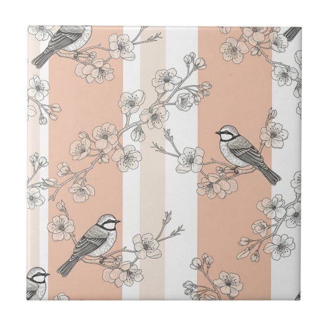 Vintage Bird Blossom Toile Stripe (10) Tile (Front)