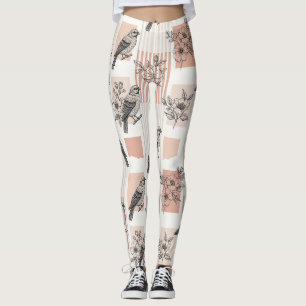 Vintage Bird Blossom Toile Stripe (11) Leggings