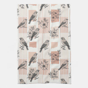 Vintage Bird Blossom Toile Stripe (11) Tea Towel