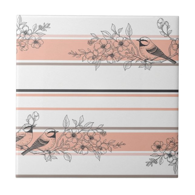 Vintage Bird Blossom Toile Stripe (11) Tile (Front)
