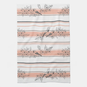 Vintage Bird Blossom Toile Stripe (12) Tea Towel