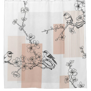 Vintage Bird Blossom Toile Stripe (15) Shower Curtain