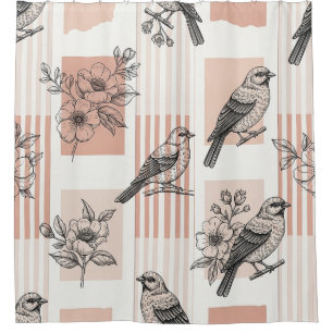Vintage Bird Blossom Toile Stripe (1) Shower Curtain