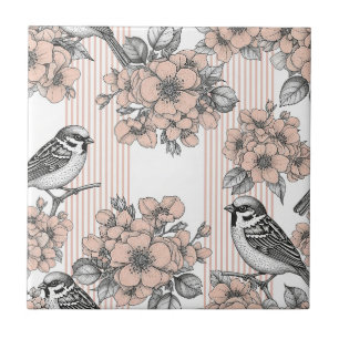 Vintage Bird Blossom Toile Stripe (1) Tile