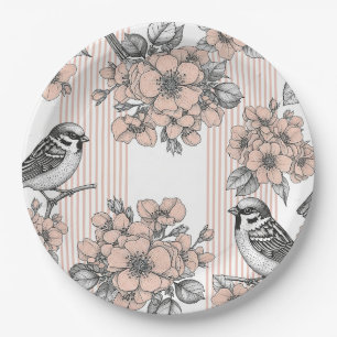 Vintage Bird Blossom Toile Stripe (2) Paper Plate