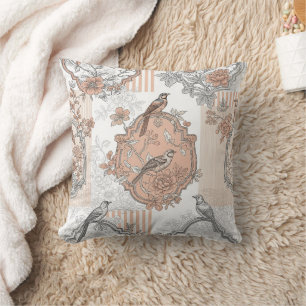 Vintage Bird Blossom Toile Stripe (3) Cushion