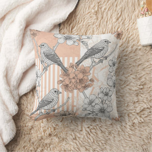 Vintage Bird Blossom Toile Stripe (4) Cushion