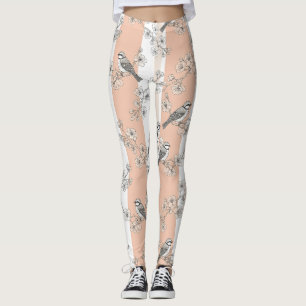 Vintage Bird Blossom Toile Stripe (4) Leggings