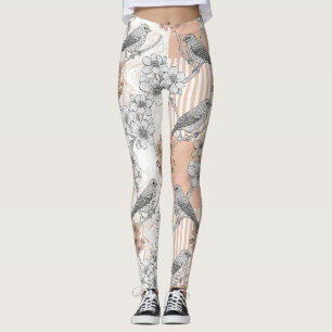 Vintage Bird Blossom Toile Stripe (5) Leggings