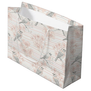 Vintage Bird Blossom Toile Stripe (7) Large Gift Bag