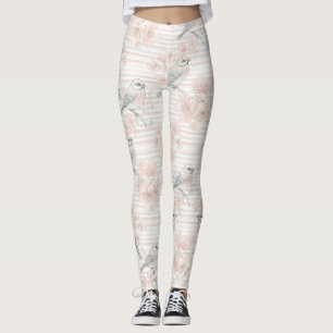 Vintage Bird Blossom Toile Stripe (7) Leggings