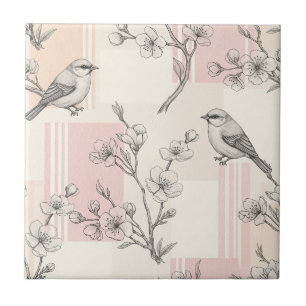 Vintage Bird Blossom Toile Stripe (7) Tile