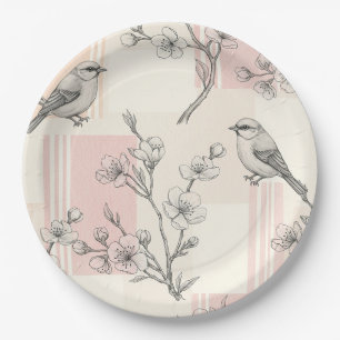 Vintage Bird Blossom Toile Stripe (8) Paper Plate