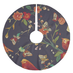 Vintage Bird, Butterfly, Embroidery Watercolor. Brushed Polyester Tree Skirt