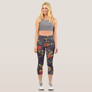 Vintage Bird, Butterfly, Embroidery Watercolor. Capri Leggings