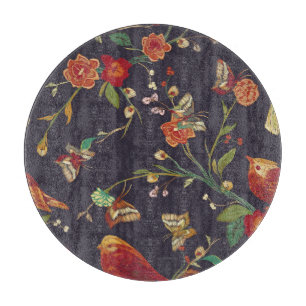 Vintage Bird, Butterfly, Embroidery Watercolor. Cutting Board