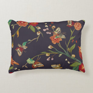 Vintage Bird, Butterfly, Embroidery Watercolor. Decorative Cushion