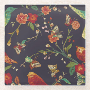 Vintage Bird, Butterfly, Embroidery Watercolor. Glass Coaster