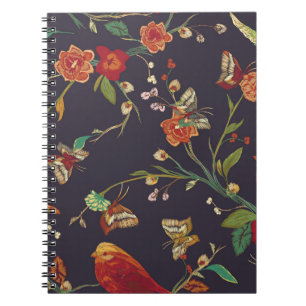 Vintage Bird, Butterfly, Embroidery Watercolor. Notebook