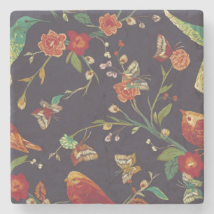 Vintage Bird, Butterfly, Embroidery Watercolor. Stone Coaster