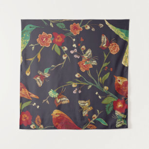 Vintage Bird, Butterfly, Embroidery Watercolor. Tapestry