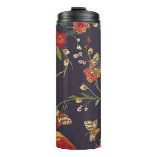 Vintage Bird, Butterfly, Embroidery Watercolor. Thermal Tumbler