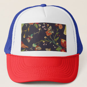 Vintage Bird, Butterfly, Embroidery Watercolor. Trucker Hat