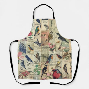 Vintage Bird Butterfly Newspaper Botanical Apron