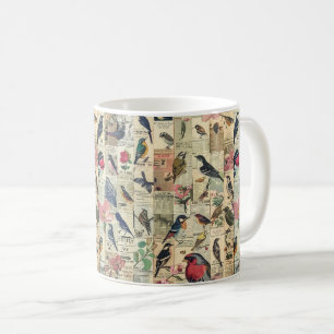 Vintage Bird Butterfly Newspaper Botanical Coffee Mug