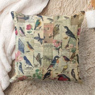 Vintage Bird Butterfly Newspaper Botanical Cushion