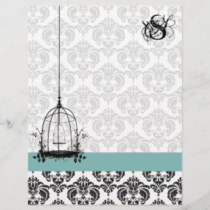 Vintage Bird Cage Aqua Damask Monogram Letterhead