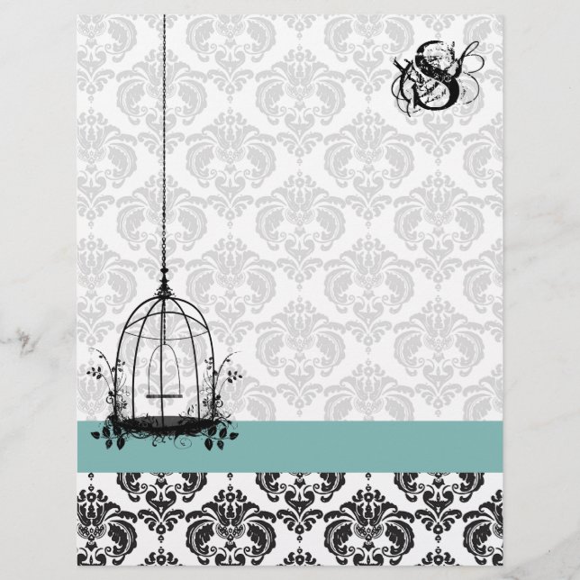 Vintage Bird Cage Aqua Damask Monogram Letterhead (Front)