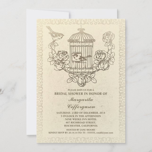 vintage bird cage bridal shower invitations (Front)