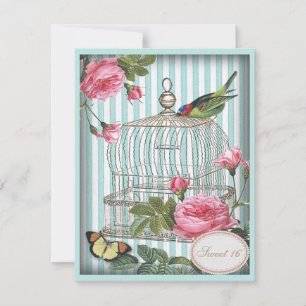 Vintage Bird, Cage, Butterfly & Roses Sweet 16 Invitation